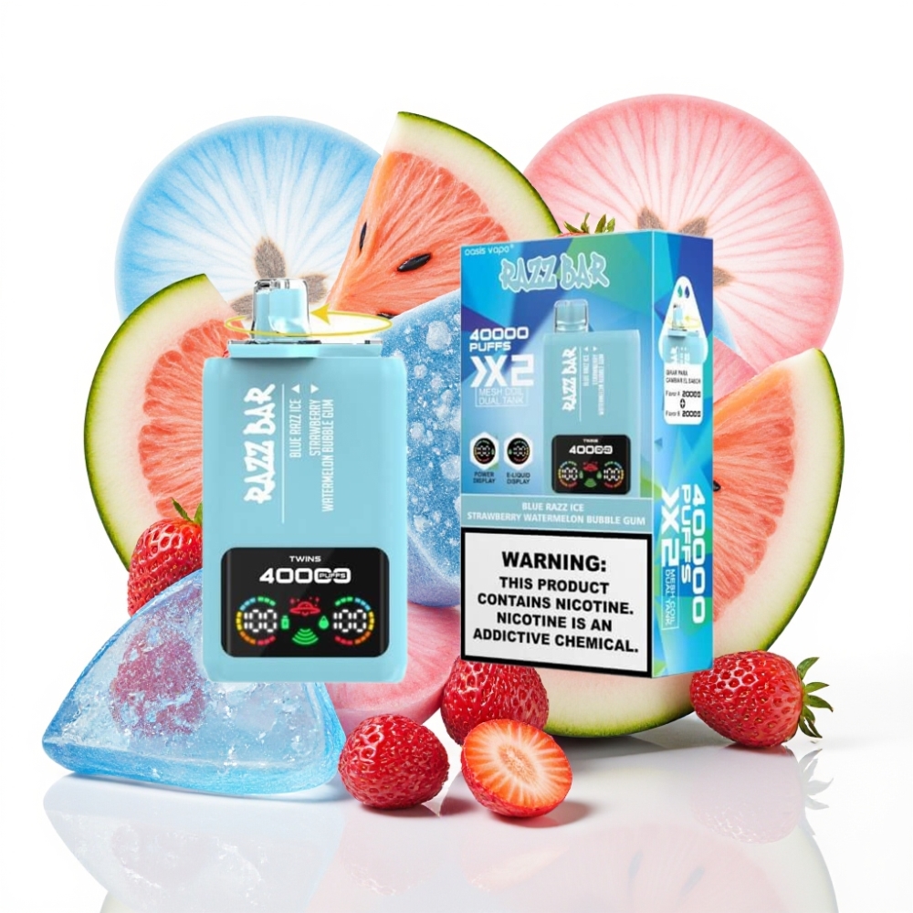Razz Bar 40000 Puffs Einweg-Vape Blaue Himbeere Eis-Erdbeere Wassermelone Bubble Gum 650mAh Typ-C 2x1.0Ω Mesh