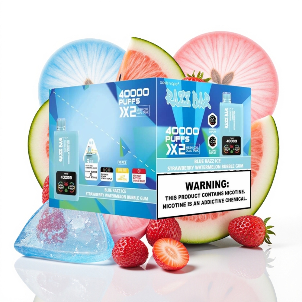 Razz Bar 40000 Puffs Einweg-Vape Blaue Himbeere Eis-Erdbeere Wassermelone Bubble Gum 650mAh Typ-C 2x1.0Ω Mesh