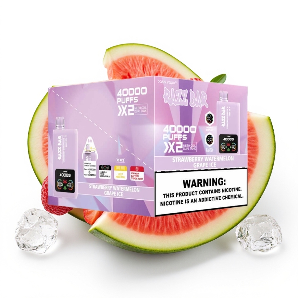 Razz Bar 40000 Puffs Einweg-Vape Erdbeer-Wassermelone & Traube-Eis – 650mAh, Typ-C, 1.0Ω×2 Mesh Coil