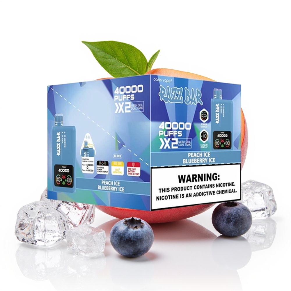 Razz Bar 40000 Puffs Einweg-Vape Pfirsich Eis & Blaubeer Eis mit Power Screen Display, 650mAh, Typ-C